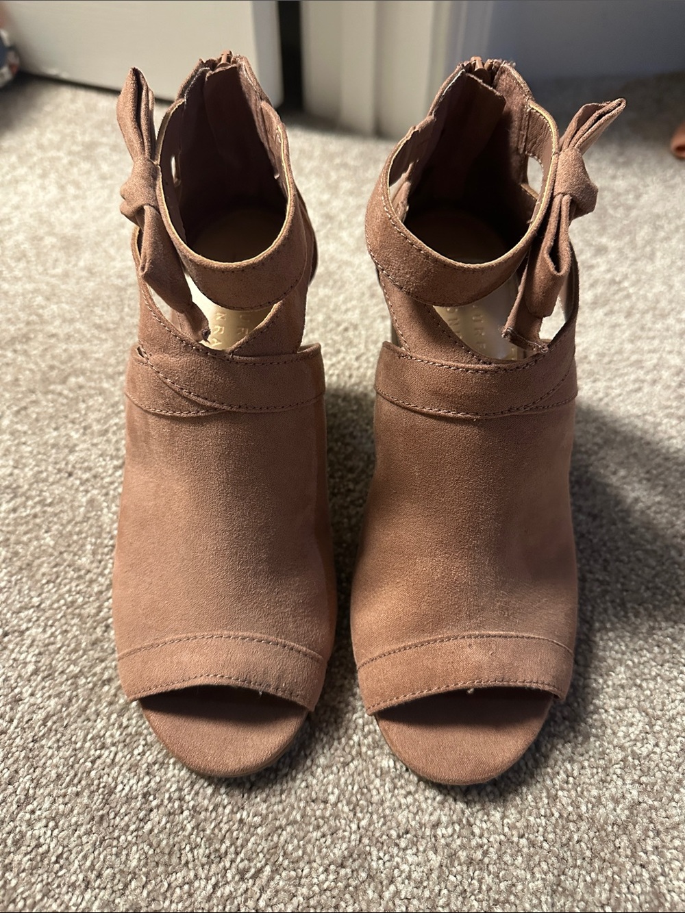 LC Lauren Conrad Muted Pink Suede Peep-Toe Ankle Booties with Side Bow
